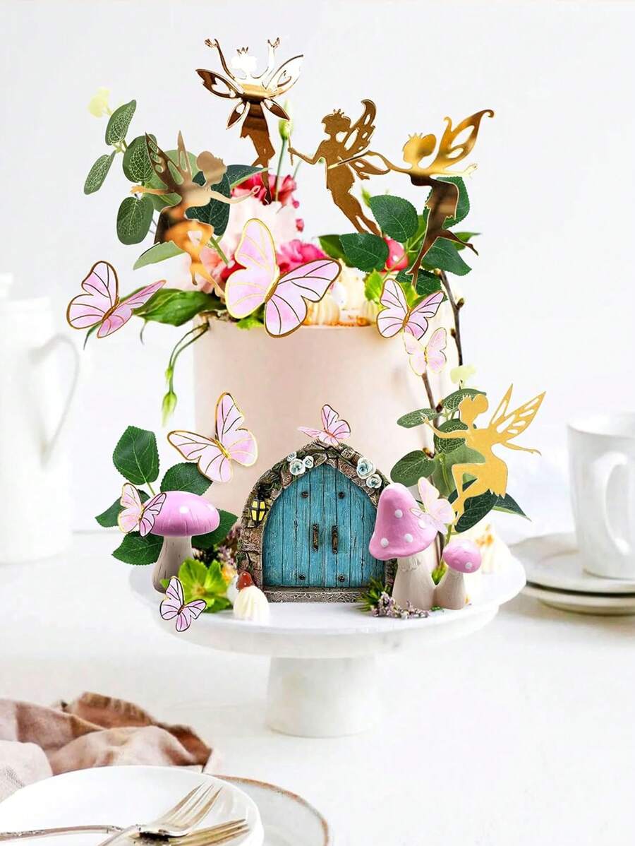 25pcs Or 5pcs Fairy Cake Decorations, Wooden Simulation Pink Mushroom Paper Butterfly Green Leaf Cake Decorations, Fairy Garden Wooden Door Frame, Fairy Cake Decorations, Fairy Party Supplies Decorations, Suitable For Birthday Cake Baking Decorations, Forest Theme Cake Decorations