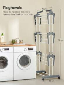 SONGMICS Stendibiancheria, Stendino Pieghevole a 4 Livelli, con Ruote e Ali Richiudibili, 63,5 x 128 x 173 cm, Capiente, Uso Interno ed Esterno, Bianco - Beige - Visualizzare 6