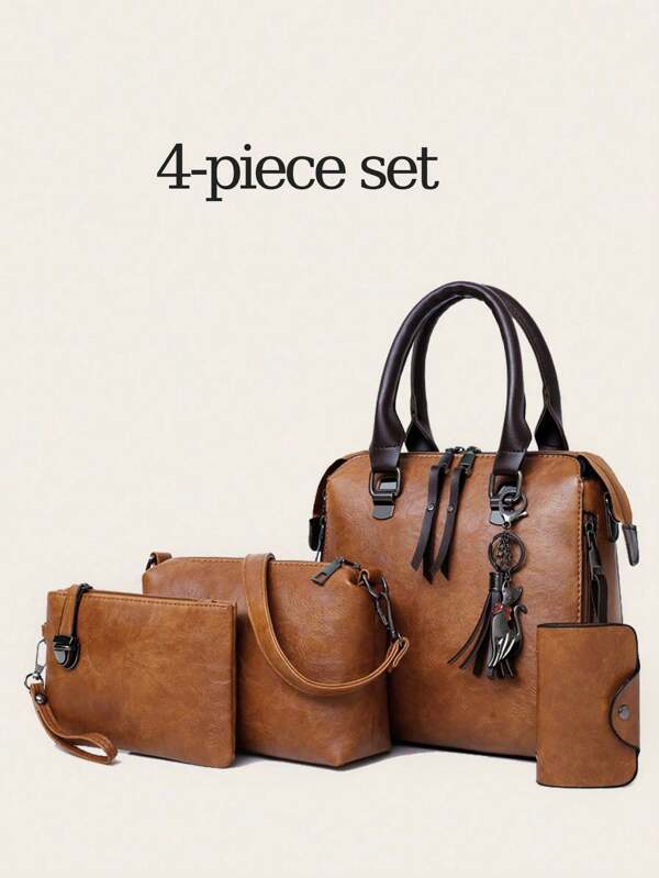 4pcs Set Of Bags For Women Large-Capacity Handbag,Shoulder Bag,Messenger Bag And Small Purse Wallet,School Bag Set,Portable,Classic Casual,Business Casual,For Teen Girls Women College Students,White-Collar Workers,College,Perfect For Office,Elementary School