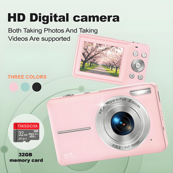 Cámara digital de 44MP y 1080P de alta definición, zoom digital 16X, pantalla LCD de 2.4", recargable, incluye tarjeta TF de 32G, para fotografía, grabación de video, webcam, gran regalo para Acción de Gracias, Navidad y Año Nuevo