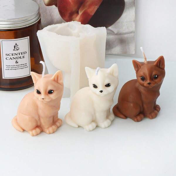 3D Cute Cat Candle Silicone Mold Cute Sitting Posture Pet Cat Plaster Resin Clay Handicrafts Making Tools Cartoon Animal Handmade Aromatherapy Soap Mold Festival Scene Ornament Tabletop Decoration