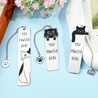 Cute Asymmetric Black Cat Pattern Stainless Steel Bookmark With Cat Paw Pendant, For Bookworms Ideal For Friends And Office Supplies, Holiday Gifts,School Supplies,Back To School