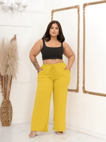 PLUS SIZE PANTS, WIDE LEG, HIGH WAIST WITH ELASTIC DUNA FABRIC - 黃色 - 查看 3