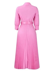 轻薄面料宽松纯色褶皱连衣裙，配腰带，复古风格女装，适合秋冬季节，优雅女士，返校节、婚礼、生日、教师装，粉色 - 粉色 - 查看 6