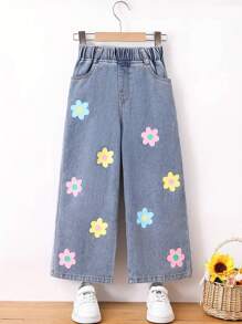 Cute Floral Print Girls Elastic Waist Wide Leg Jeans For Everyday Summer Spring Fall