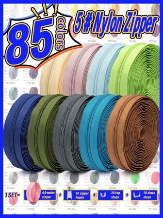 1 Set = 4,5 M de cremallera + 10 tiradores de cremallera + 20 topes superiores + 10 topes inferiores, cremalleras de nilón #5, 85 opciones de color, adecuadas para prendas de vestir, bolsos, textiles para el hogar, ropa de cama
