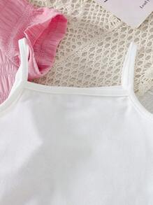 3 件套女童夏季套装：皱褶面料短袖领衬衫、松紧腰短裤、吊带背心 3 件套，适合春夏季度假旅行 - 粉色 - 查看 6