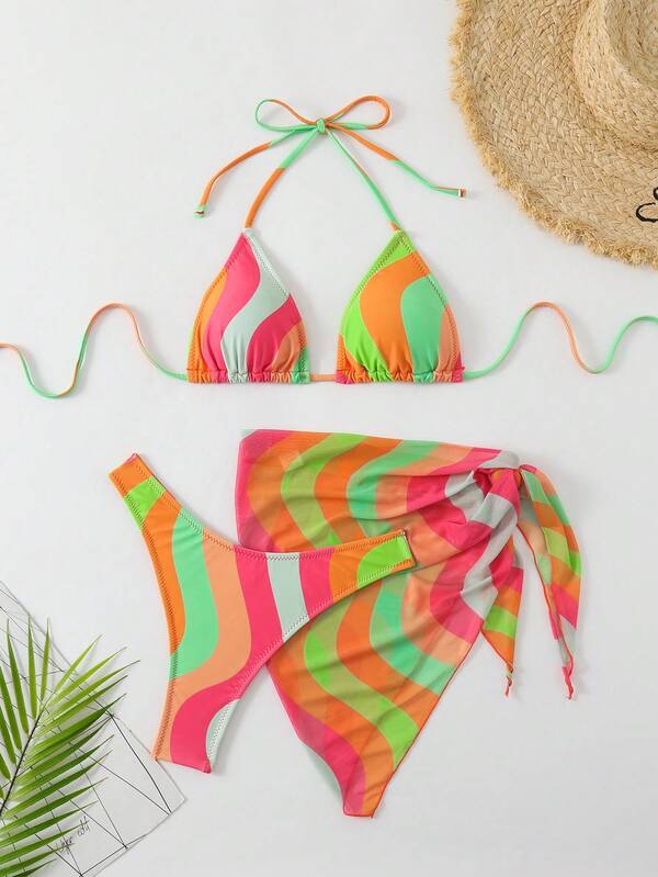 Women's Fashion Sexy Halter Tied 3-Piece Set Wavy Striped Mesh Bikini Set Summer