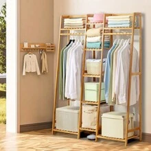 LIVINGANDHOME Living And Home Bamboo Trapezoid Clothing Rack With 5-Tier Storage Shelves Multi-Functional Clothes Hanging Rack Stand - Natural 130cm W X 40cm D X 140cm H - View 2