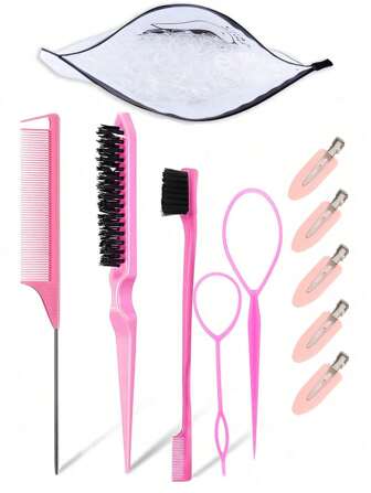 11-Piece Pink Hair Tool Set Including 2 French Braiding Tools, 1 Rat Tail Comb, 1 Detangling Brush, 1 Pair Of Hair Clips, 5 Alligator Clips,And 1 Pack Of 1000 Elastics(Diameter 1.22cm/0.48in)(1 Pack Of 1000 Elastics Can Be Purchased Separately)