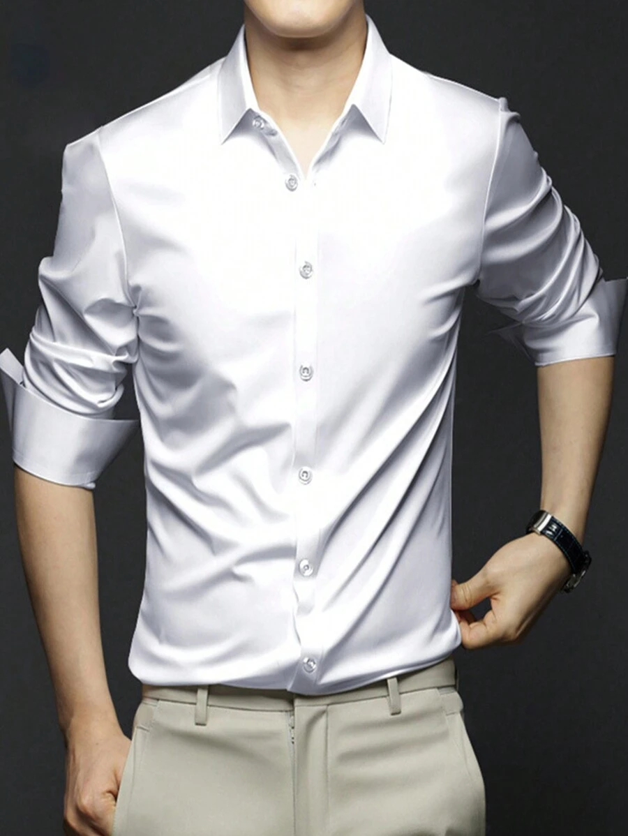 Silk Iron-Free Elastic Men's Long-Sleeved Shirt Solid Color Silky Business Casual Cardigan Composition 96% Polyester 4% Elastane/Single-Piece Shirt/Gram Weight 135g - 白色 - 查看 1