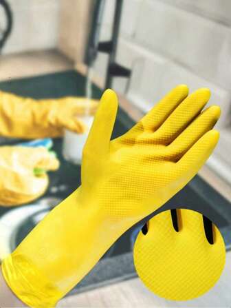 1 件现代时尚黄色家用清洁橡胶手套，防止洗衣服和洗碗时手部受伤，防滑加厚，厨房和浴室清洁手套（随机纹理防滑图案）