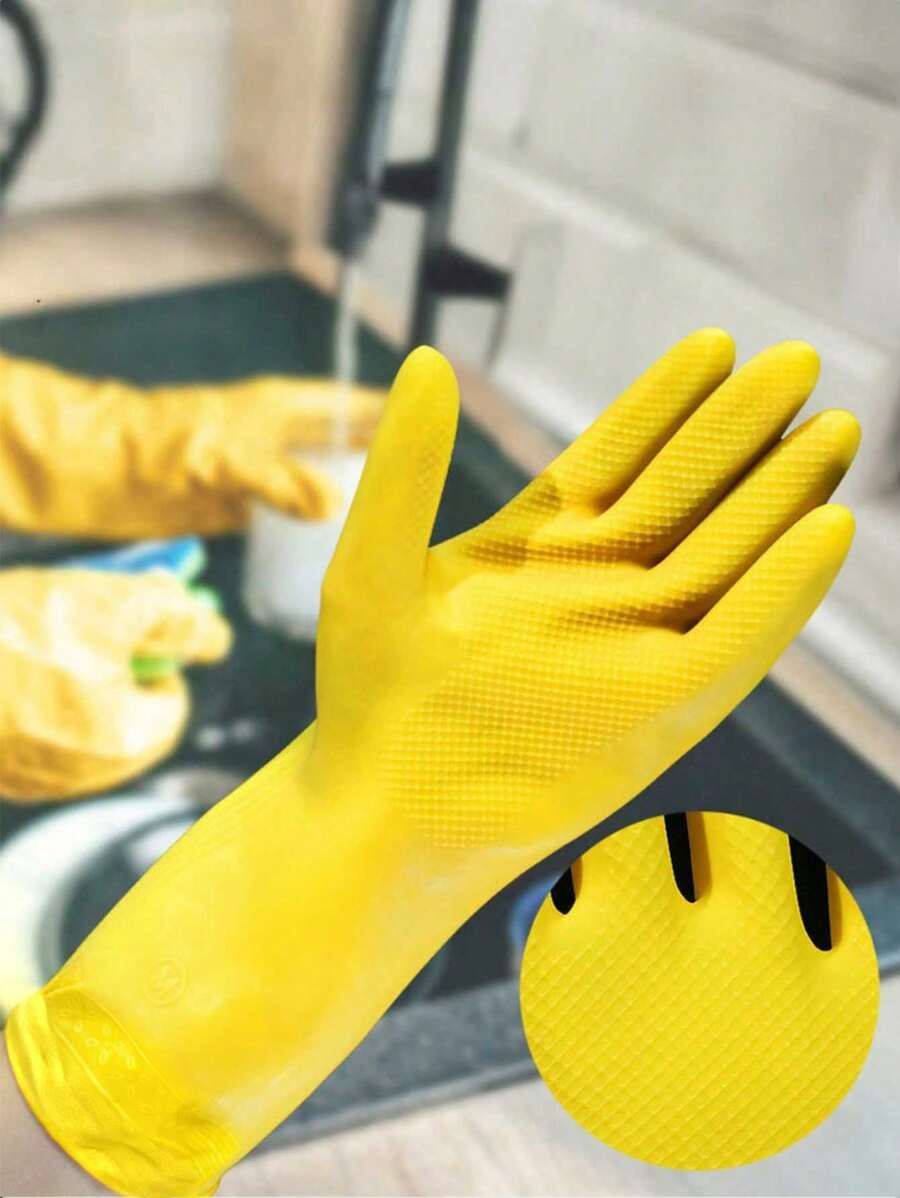 1 件现代时尚黄色家用清洁橡胶手套，防止洗衣服和洗碗时手部受伤，防滑加厚，厨房和浴室清洁手套（随机纹理防滑图案） - 彩色 - 查看 1