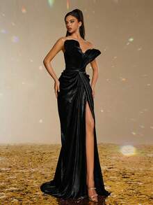 Smilprince Luxuriöses Off-Shoulder langes Etui-Abendkleid mit hohem Schlitz und Metall-Optik, elegantes Partykleid, Abschlussballkleid für Damen, Abendkleid für festliche Anlässe, Hochzeitsgast-Kleid