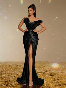 Smilprince Luxuriöses Off-Shoulder langes Etui-Abendkleid mit hohem Schlitz und Metall-Optik, elegantes Partykleid, Abschlussballkleid für Damen, Abendkleid für festliche Anlässe, Hochzeitsgast-Kleid