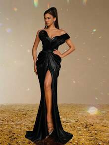 Smilprince Luxuriöses Off-Shoulder langes Etui-Abendkleid mit hohem Schlitz und Metall-Optik, elegantes Partykleid, Abschlussballkleid für Damen, Abendkleid für festliche Anlässe, Hochzeitsgast-Kleid