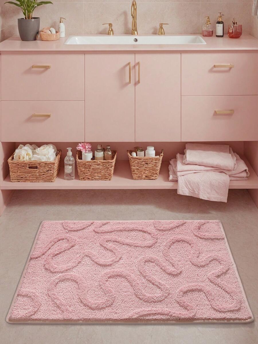 1件装柔软几何图案加厚情侣粉色浴室地垫，底部采用防滑TPR材质，吸水性强，易于清洁，可机洗，舒适透气，适用于客厅、浴室盥洗台、浴缸、淋浴房、洗手池、度假屋浴室装饰，加厚柔软，可作玄关装饰。