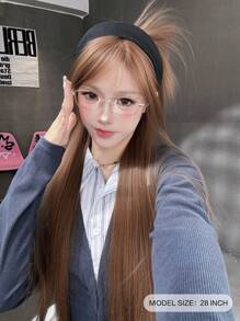 Vordere stirnförmige Spitze 4*1, vordere Stirnspitze lange gerade Perücke, Mittelscheitel Perücke, flachsbraun 28 Zoll Perücke, halbgewebte tägliche natürliche, glatte und realistische Perücke (ohne Zubehör)