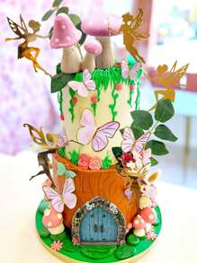 25pcs Or 5pcs Fairy Cake Decorations, Wooden Simulation Pink Mushroom Paper Butterfly Green Leaf Cake Decorations, Fairy Garden Wooden Door Frame, Fairy Cake Decorations, Fairy Party Supplies Decorations, Suitable For Birthday Cake Baking Decorations, Forest Theme Cake Decorations