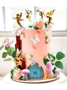 25pcs Or 5pcs Fairy Cake Decorations, Wooden Simulation Pink Mushroom Paper Butterfly Green Leaf Cake Decorations, Fairy Garden Wooden Door Frame, Fairy Cake Decorations, Fairy Party Supplies Decorations, Suitable For Birthday Cake Baking Decorations, Forest Theme Cake Decorations