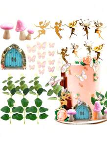 25pcs Or 5pcs Fairy Cake Decorations, Wooden Simulation Pink Mushroom Paper Butterfly Green Leaf Cake Decorations, Fairy Garden Wooden Door Frame, Fairy Cake Decorations, Fairy Party Supplies Decorations, Suitable For Birthday Cake Baking Decorations, Forest Theme Cake Decorations