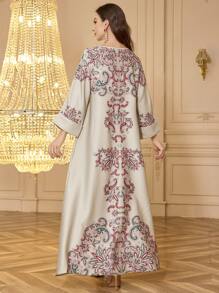 meilun Women Rhinestone Beaded Floral Print Long Robe, Elegant Arabian Modest Long Sleeve Dress - Green - View 2