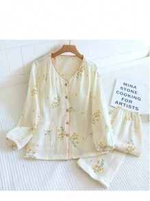 Textured Floral Print Pajama Coordinates - Beige - View 2