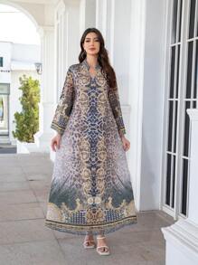 V-Neck Dress With All-Over Floral Jacquard Print, Regular Fit, Long Sleeves, Shimmery Rhinestone Embellishment, Elegant Moroccan Jalabiya Robe For Women