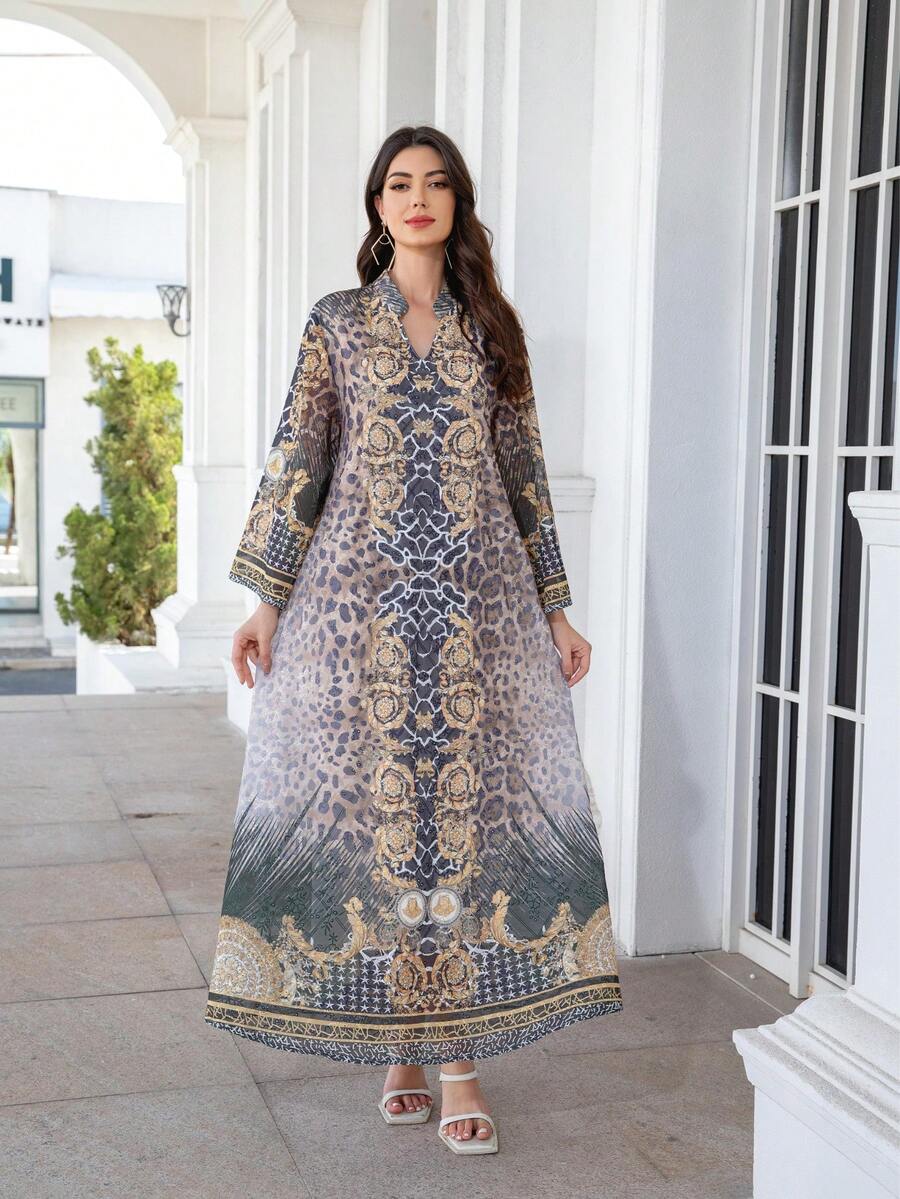 V-Neck Dress With All-Over Floral Jacquard Print, Regular Fit, Long Sleeves, Shimmery Rhinestone Embellishment, Elegant Moroccan Jalabiya Robe For Women
