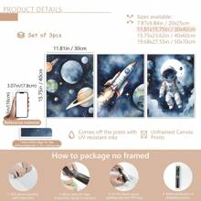 3pcs/Set Astronaut & Outer Space Canvas Art Set - Waterproof, Wooden Framed Wall Decor For Bedroom, Living Room, Office, And Dorm,Posters,Wall Art,Room Decoration Stuff Gifts Birthday Graduation