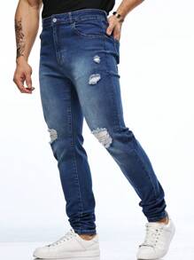 Jeans slim fit minimalistas con bolsillo y efecto desgastado para hombres - Azul lavado medio - Ver 3