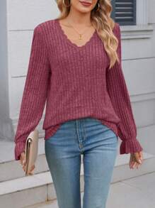 Women's Textured Casual Sweater Lace V Neck Blouse Tops