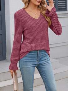 Women's Textured Casual Sweater Lace V Neck Blouse Tops