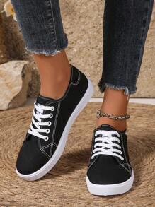 أحذية رياضية سوداء مقاسات كبيرة للنساء, أحذية بيضاء موضة, أحذية بمنصة مسطحة, أحذية مدرسية للطلاب, أحذية رياضية كاجوال سهلة الارتباط متعددة الاستخدامات (الأحذية صغيرة في الحجم، يُنصح بطلب مقاس أكبر بمقدار مقاس واحد) - الأسود - مشاهدة 5