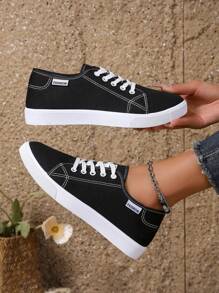 أحذية رياضية سوداء مقاسات كبيرة للنساء, أحذية بيضاء موضة, أحذية بمنصة مسطحة, أحذية مدرسية للطلاب, أحذية رياضية كاجوال سهلة الارتباط متعددة الاستخدامات (الأحذية صغيرة في الحجم، يُنصح بطلب مقاس أكبر بمقدار مقاس واحد) - الأسود - مشاهدة 3