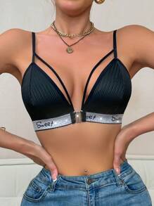 Women's Sexy Sweet Metallic Thread Front Closure Wireless Bra - Black - View 4