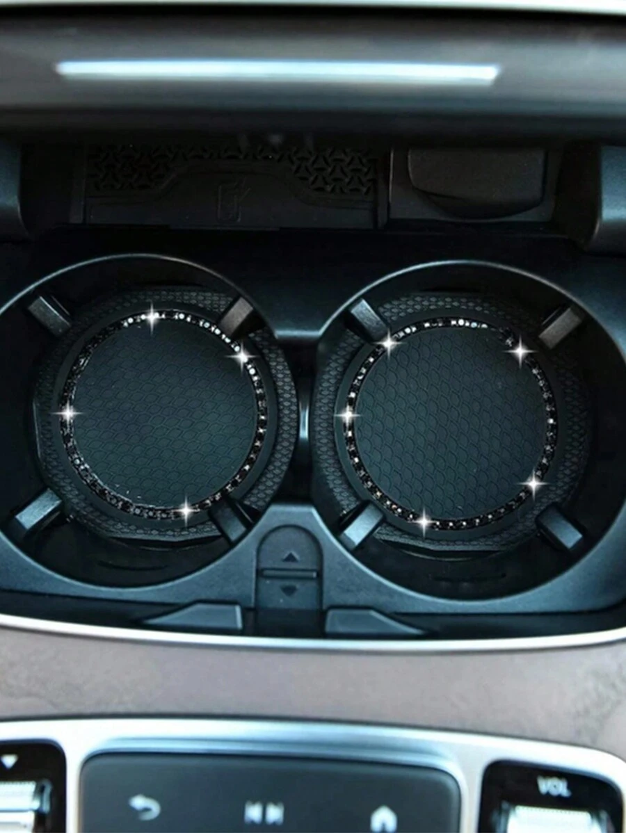 2pcs Car Coaster Black Diamond Circular With Diamond Anti Slip Silicone Coaster