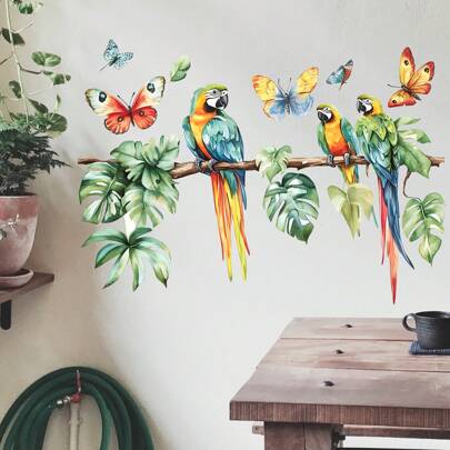 1 件棕榈叶墙贴，悬挂绿叶鹦鹉蝴蝶墙贴乙烯基剥离粘贴墙贴自粘墙贴适用于卧室办公室浴室墙壁家居装饰（15.74 英寸 * 23.23 英寸）个性化贴纸