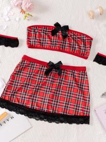 New Halloween Naughty Student Uniform Plaid Cute & Sexy Costume, Christmas Sexy Lingerie For Women For Rave - Red - View 12