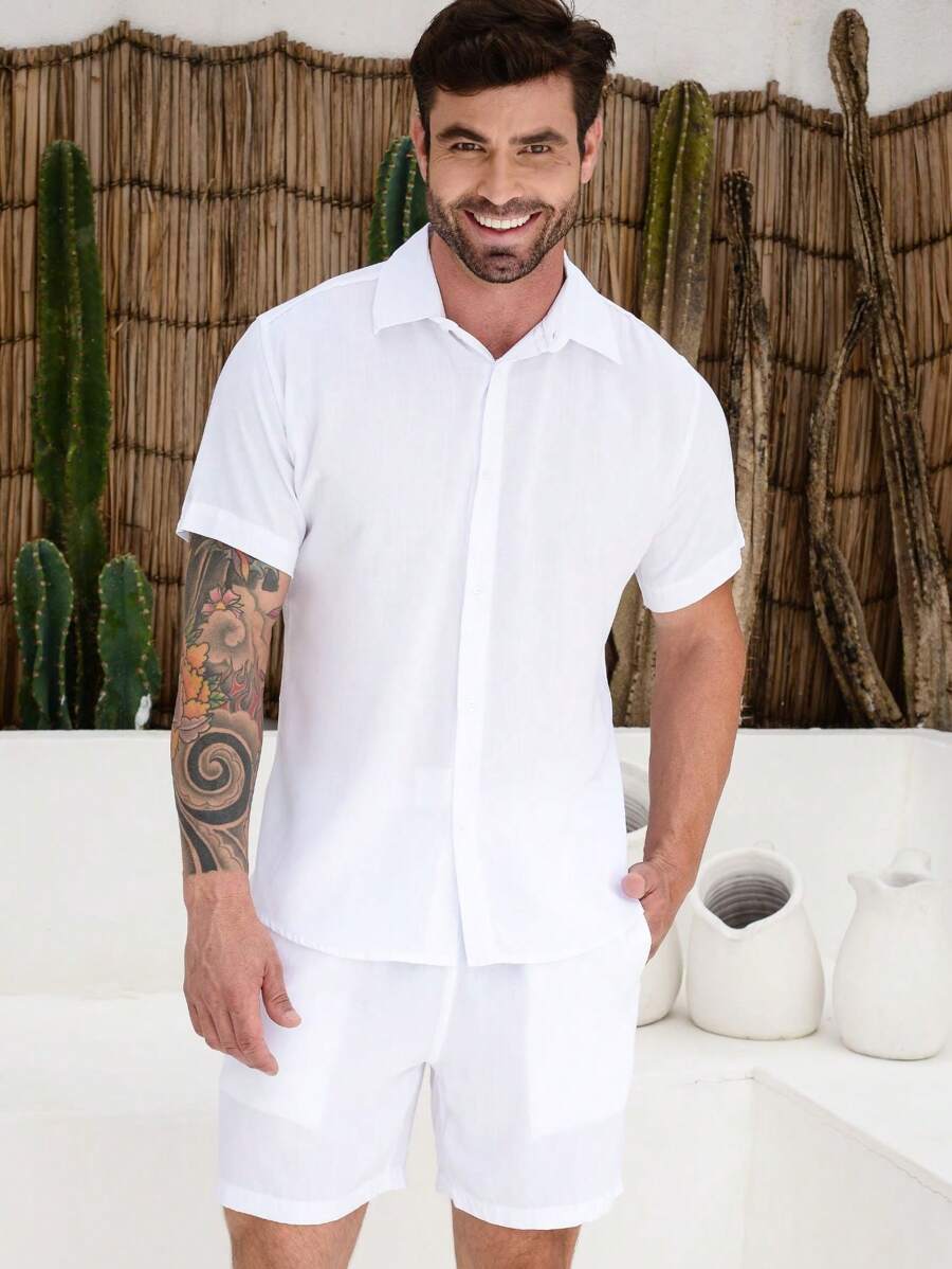 Men's Viscolinho Set With Button-Down Shirt Shorts Summer Beachwear - White - View 1