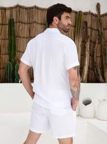 Men's Viscolinho Set With Button-Down Shirt Shorts Summer Beachwear - White - View 2