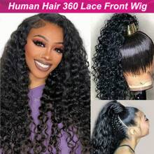 Tóc giả ren phía trước sóng sâu 360 độ bằng tóc thật 12A Tóc giả ren phía trước trong suốt ướt và gợn sóng Tóc giả tóc thật 180% mật độ Tóc giả xoăn sâu cho phụ nữ Màu tự nhiên - màu đen - Xem 2