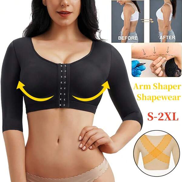 Women Arm Shaper Crop Top Push Up Bra Slimming Compression Sleeve Post Surgery Front Closure Sports Bra Shapewear Posture Corrector Back Support Breast Lift Up No Pad