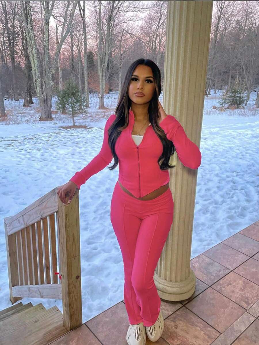 Zipper Spliced Asymmetric Top With V Waist Tight-Fitting Flared Pants Set For Women - Hot Pink - View 1
