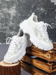 Stijlvolle en comfortabele witte platform sneakers, City-serie met sterrengaasontwerp, geschikt voor woon-werkverkeer, reizen, elegante, casual ronde neus lage multifunctionele schoenen, ideaal voor festivals en geschenken, dames