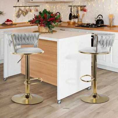 Nalupatio Modern Swivel Woven Velvet Bar Stools Set Of 2, Stool, 360° Swivel Adjustable Height Bar Stool With Backs Gold Metal Tall Bar Stools Counter Height For Kitchen Island Pub