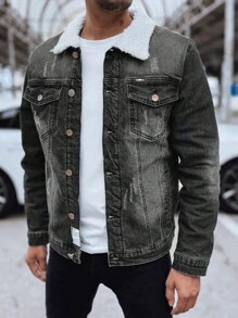 男士秋冬羊毛衬里保暖夹克，带毛皮衬里的保暖牛仔夹克