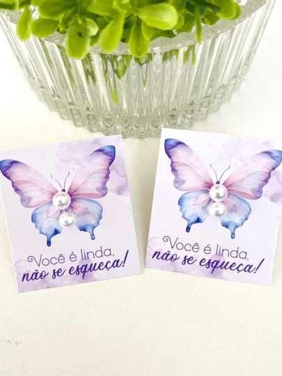 Kit 50 Brincos de Pérola + Etiqueta de Presente de Borboleta Aquarela Roxa para Cliente de 5x4cm, Engraçado, Cartão de Presente