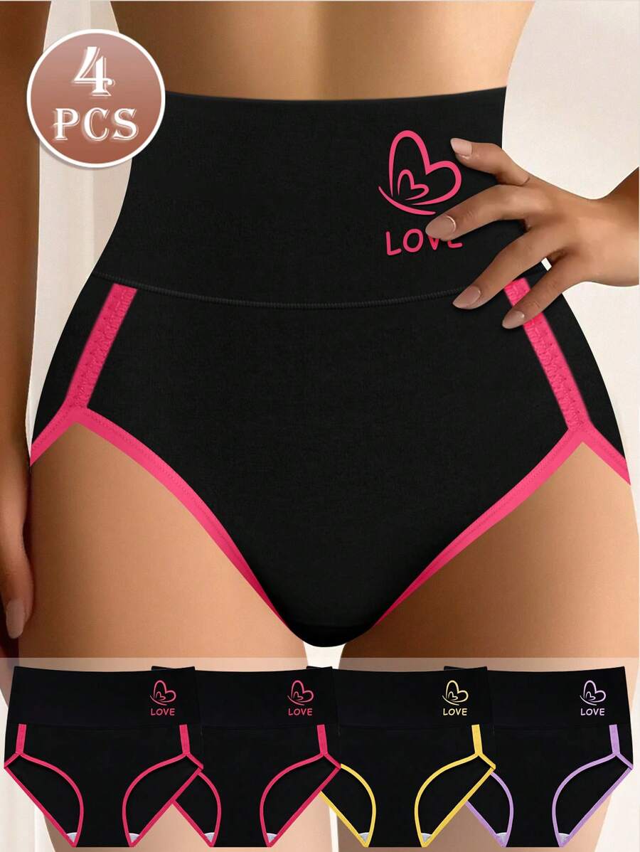 MEIYATING Set de 4 bragas de mujer de talle alto con ribete de contraste de color y ajuste cómodo en forma de triángulo