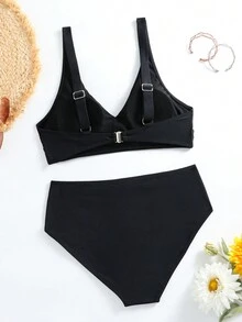 Women Sexy Criss-Cross V-Neck Swimwear, Fashionable High Waist Solid Color Black Bikini 2 Pieces Set, For Summer Beach Vacation